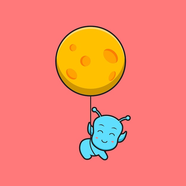 Premium Vector, Cute alien holding moon balloon cartoon illustration