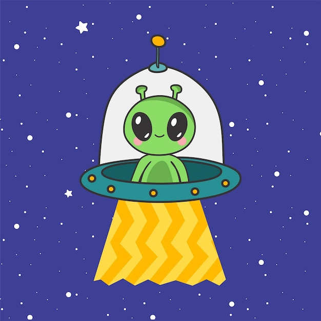 Cute alien flying with spaceship ufo