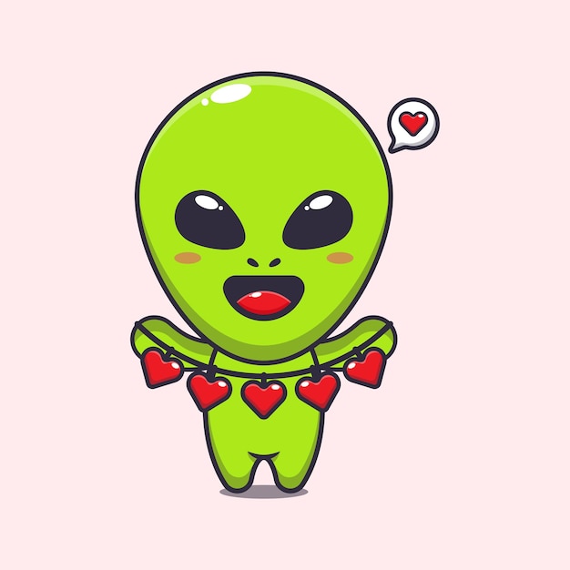 Cute alien holding love decoration cartoon vector Illustration