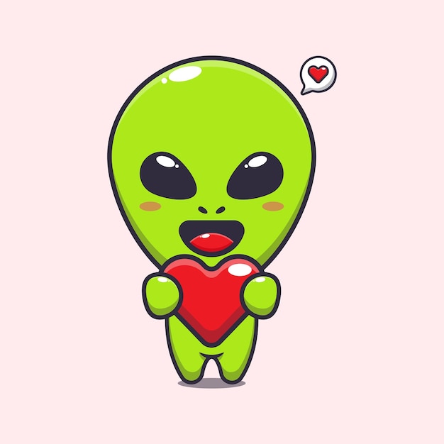 Симпатичный инопланетянин, держащий векторную иллюстрацию сердца любви