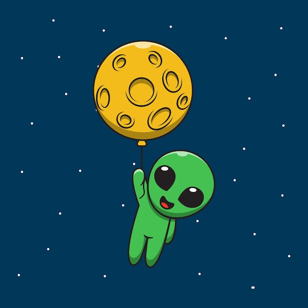 Cute alien holding moon balloon cartoon illustration