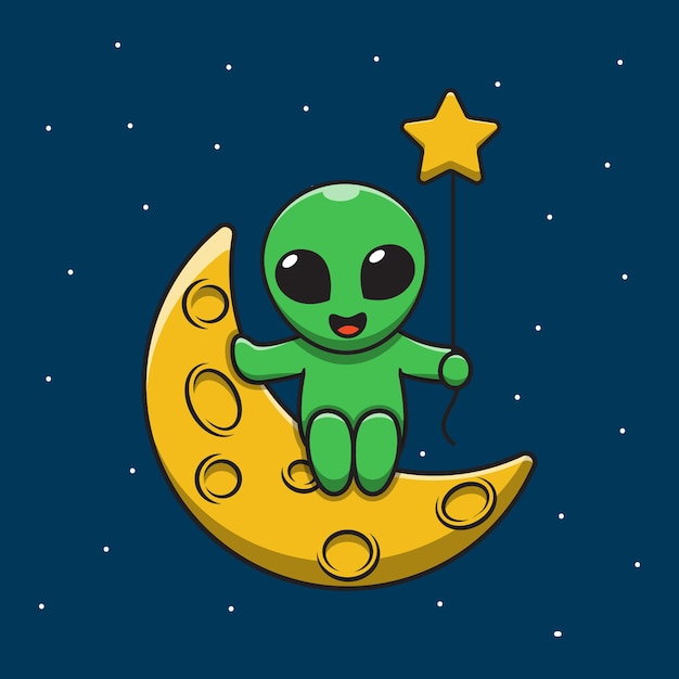 Premium Vector, Cute alien holding moon balloon cartoon illustration