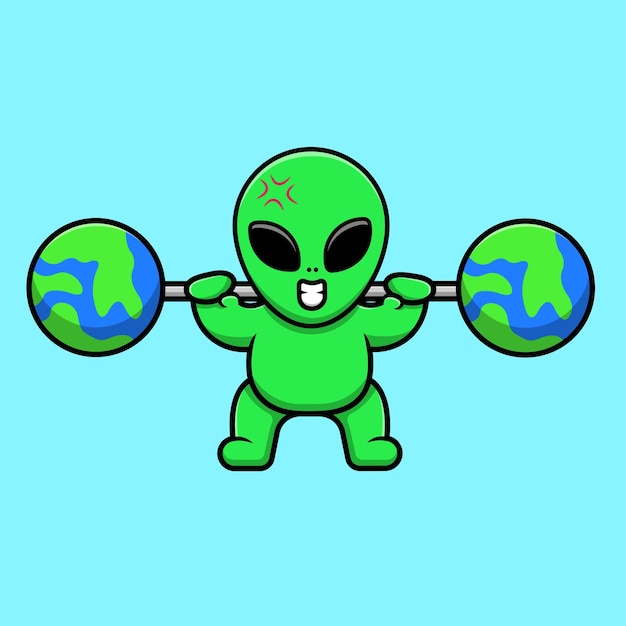 Cute Alien Lifting Earth Barbell Cartoon Vector Icon Illustration