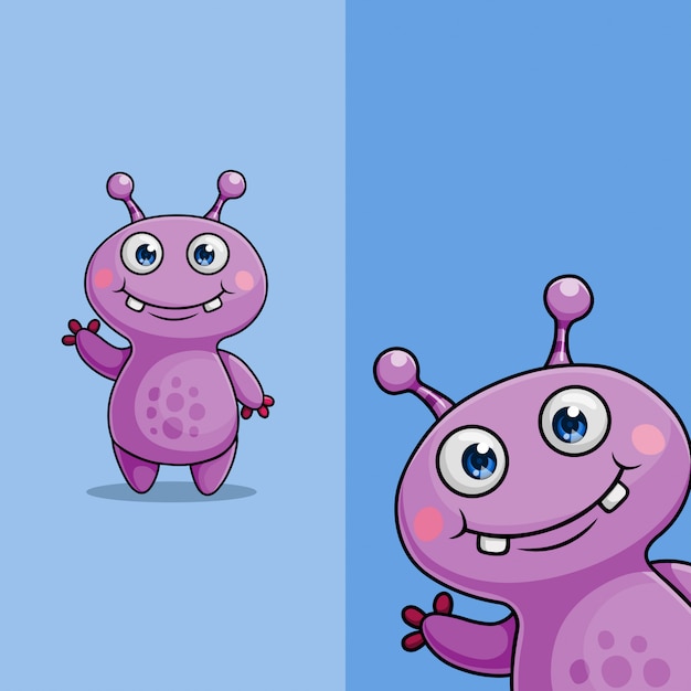 Cute alien  monster character waving, with different display angle position, Hand drawn