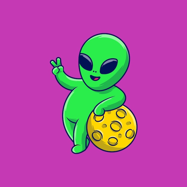 Cute Alien Peace Hand With Moon Cartoon Vector Icons Illustration