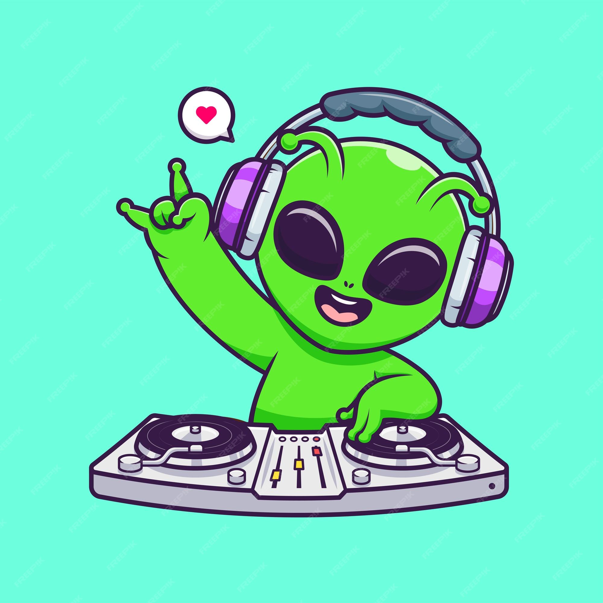 Desenho animado de música alienígena fofa tocando DJ, Gráficos - Envato  Elements