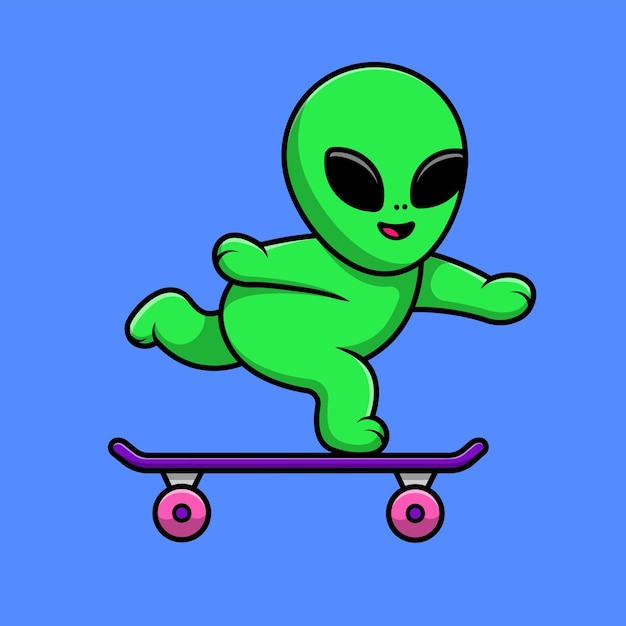 Cute alien playing skateboard cartoon vector icon illustration