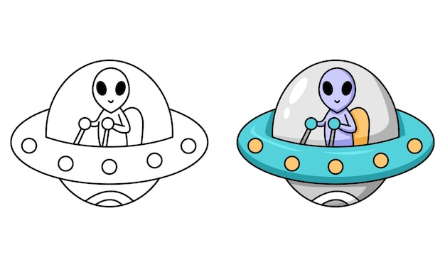 아이들을 위한 ufo를 타고 있는 귀여운 외계인 색칠하기