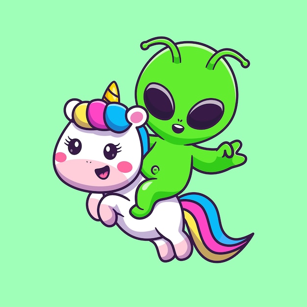 Cute Alien Riding Unicorn Cartoon Vector Icon Illustration. Science Animal Icon Concept Isolated Premium Vector. Flat Cartoon Style