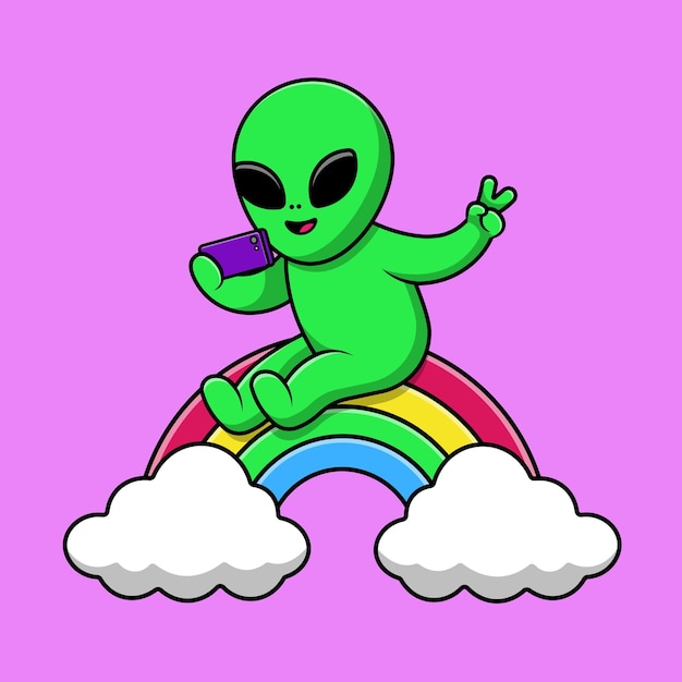 Cute Alien Selfie With Phone On Rainbow Cartoon Vector Icon Illustration