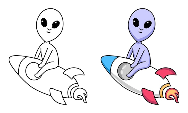 cute alien sitting on spaceship coloring page for kids