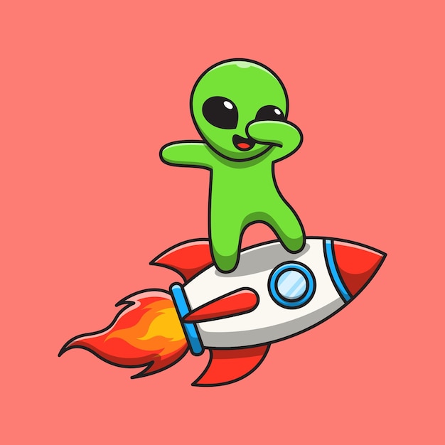 Cute alien standing on a rocket cartoon illustration