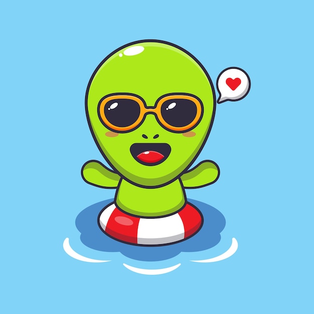 Cute alien in sunglasses swimming on beach cartoon vector illustration