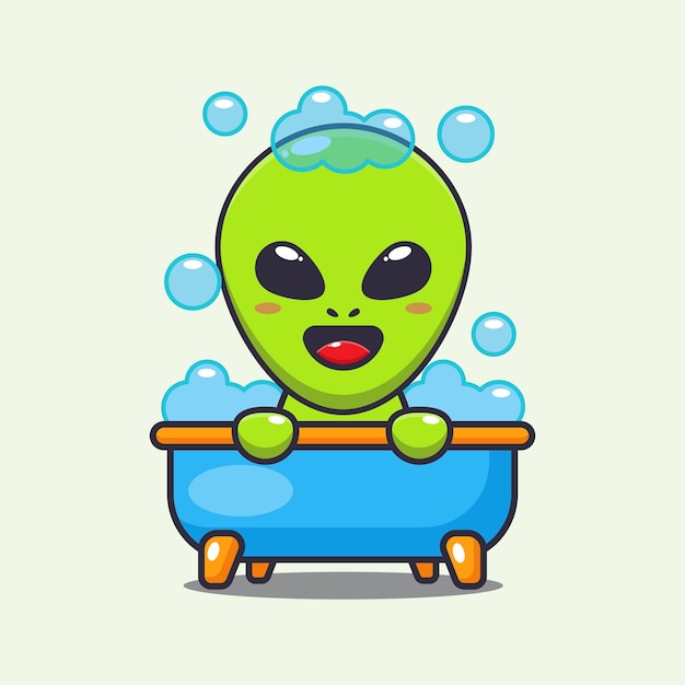 Cute alien taking bubble bath in bathtub cartoon vector illustration.