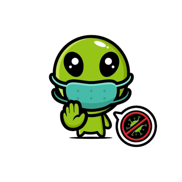 Premium Vector | Cute alien wearing a mask with stop virus pose