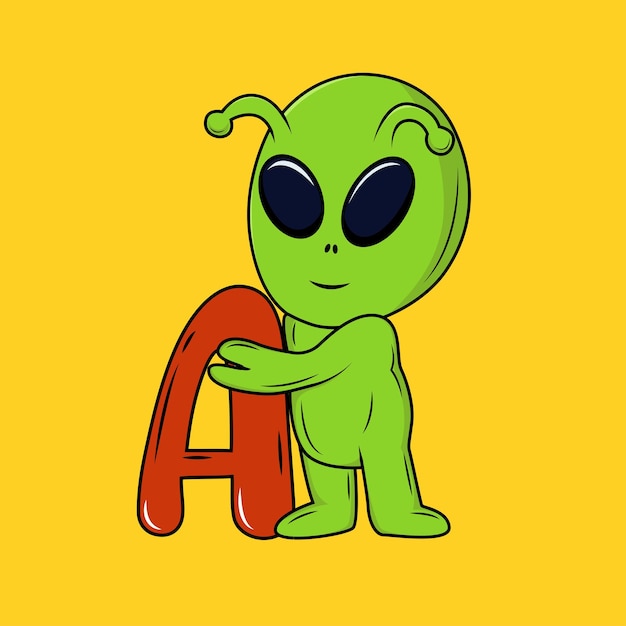 Cute Alien with A Letter Cartoon Sticker vector illustration