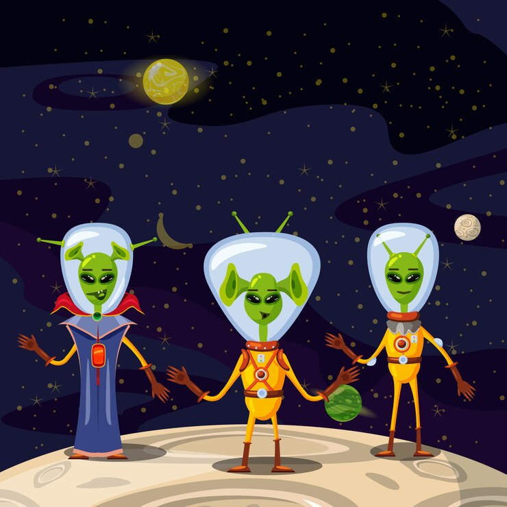 Vector cute aliens in space suits, spaceship crew cartoon characters