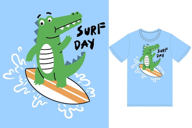 Illustrazione di surf alligatore carino con vettore premium design tshirt