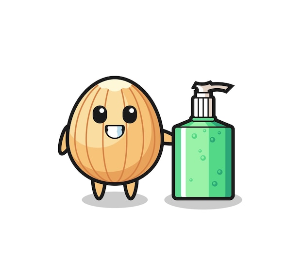 Cute almond cartoon with hand sanitizer