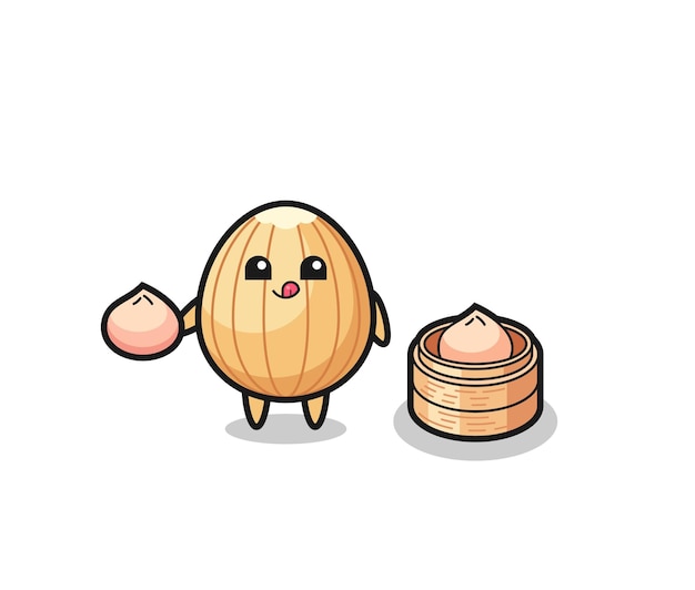 Cute almond character eating steamed buns