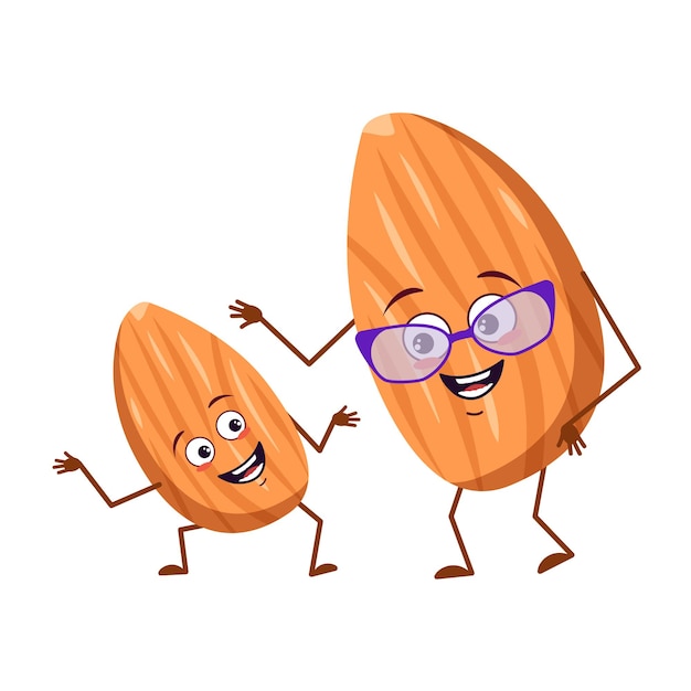 Vector cute almond characters with emotions, face. funny grandmother with glasses and dancing grandson with arms and legs. the happy hero, nut with eyes. vector flat illustration