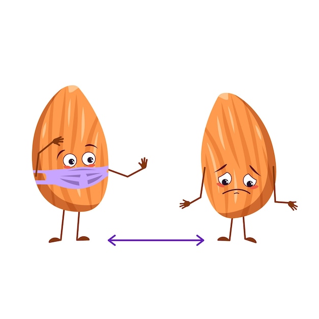 Simpatici personaggi a mandorla con emozioni, viso e maschera mantengono le distanze, braccia e gambe. l'eroe divertente o triste, matto con gli occhi. illustrazione piatta vettoriale