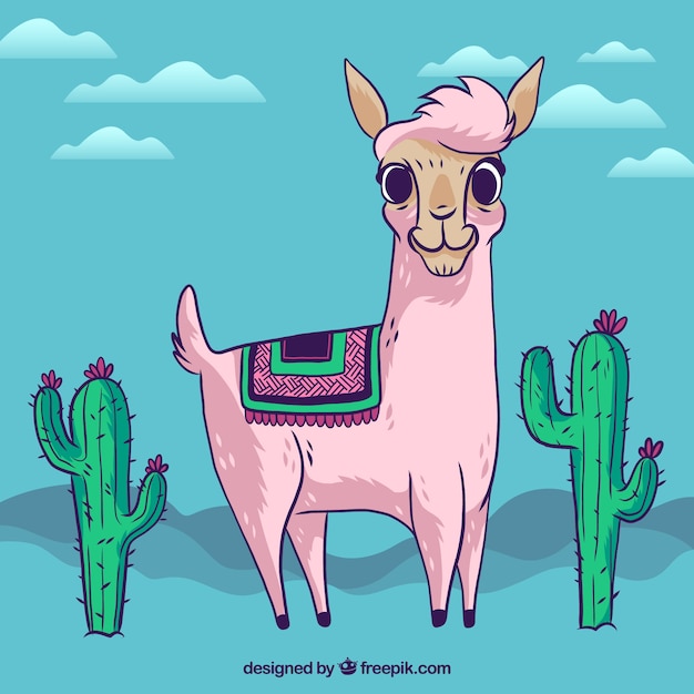 Vettore sfondo carino alpaca con cactus
