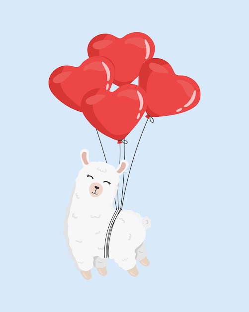 Cute alpaca on the balloons. Happy Valentine's day greeting card. Illustration for posters, greeting cards and seasonal design.