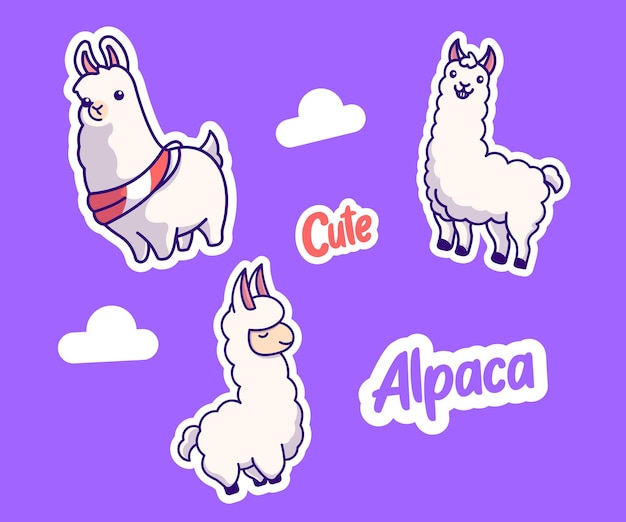 Simpatico pacco di alpaca adesivo mascotte illustrazione icona vettore icona logo piatto stile cartone animato