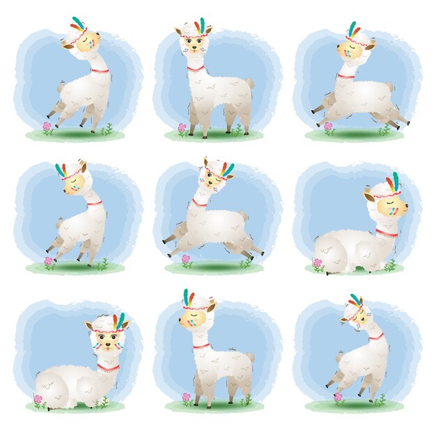 Vector a cute alpaca collection with apache costume