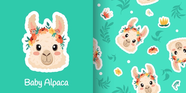 Cute alpaca lama head with flower crown seamless pattern design for nursery poster birthday