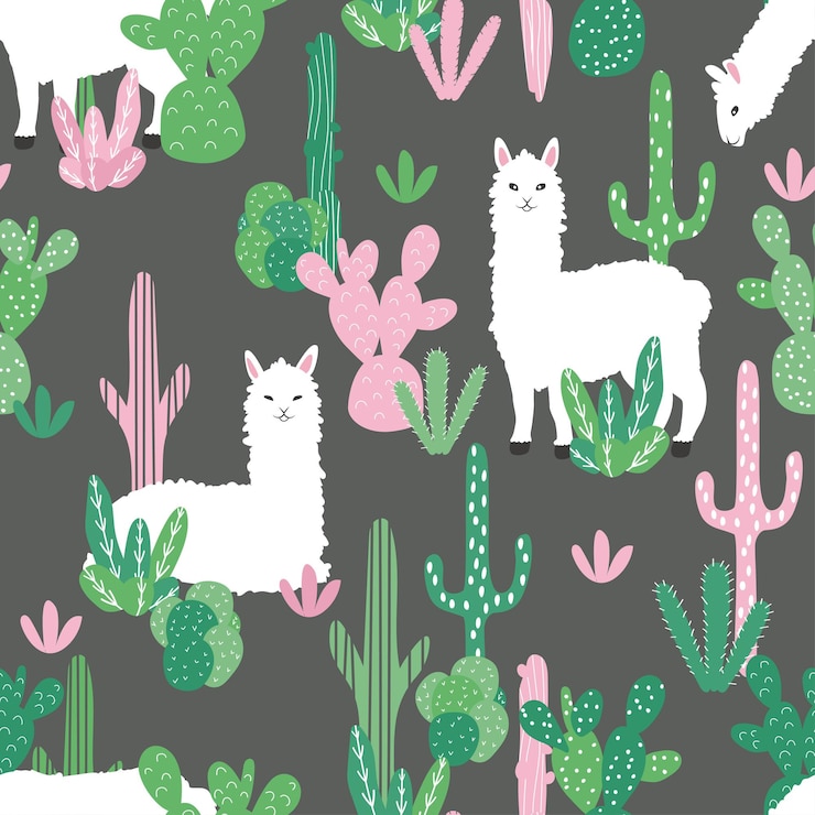 Vector cute alpacas and cacti on a seamless background.