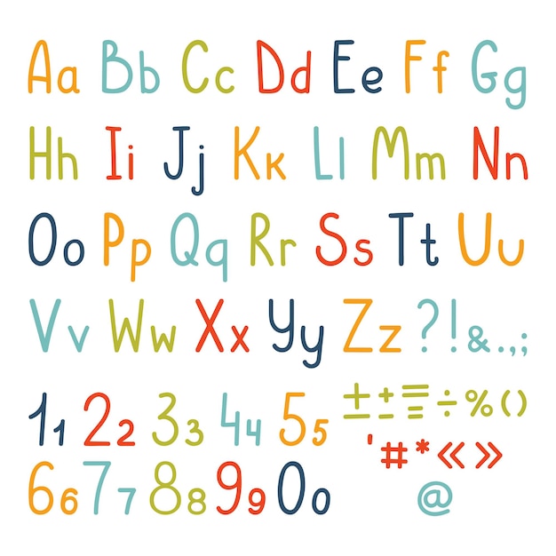 シンプルな手書きの文字 数字 句読記号のかわいいアルファベットセット プレミアムベクター