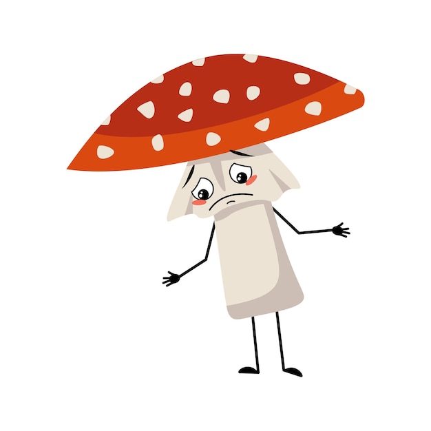 Cute amanita character with crying and tears emotion, sad face,
depressive eyes, arms and legs. fly agaric mushroom from forest
with melancholy expression