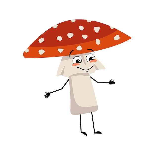 Cute amanita character with joyful emotions smile face happy eyes arms and legs fly agaric mushroom ...