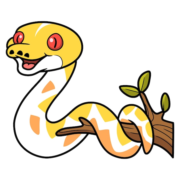 Vector cute amelanistic reticulated python cartoon on tree branch