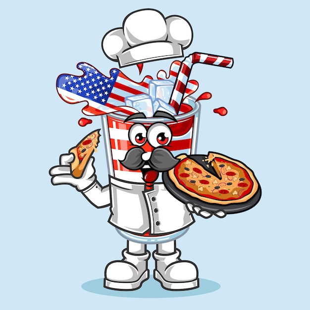 Illustrazione sveglia della mascotte di vettore della pizza del cuoco unico della bandiera della bevanda dell'america