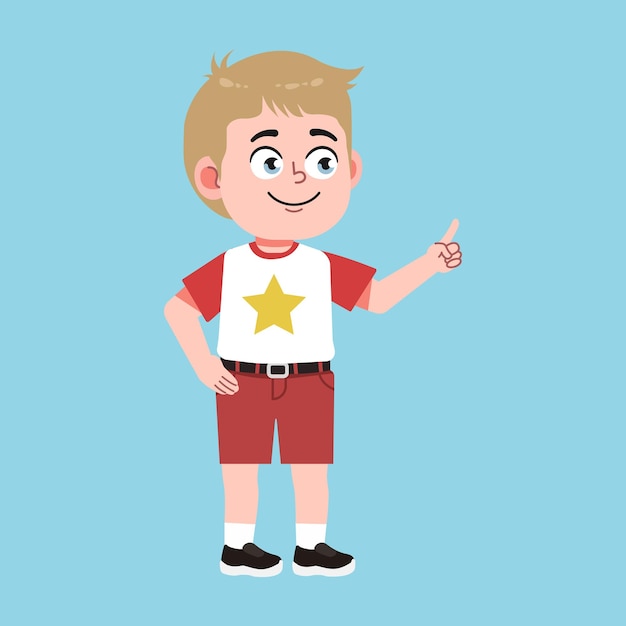 Cute American Boy with Blond Hair Cartoon pointing hand gesture