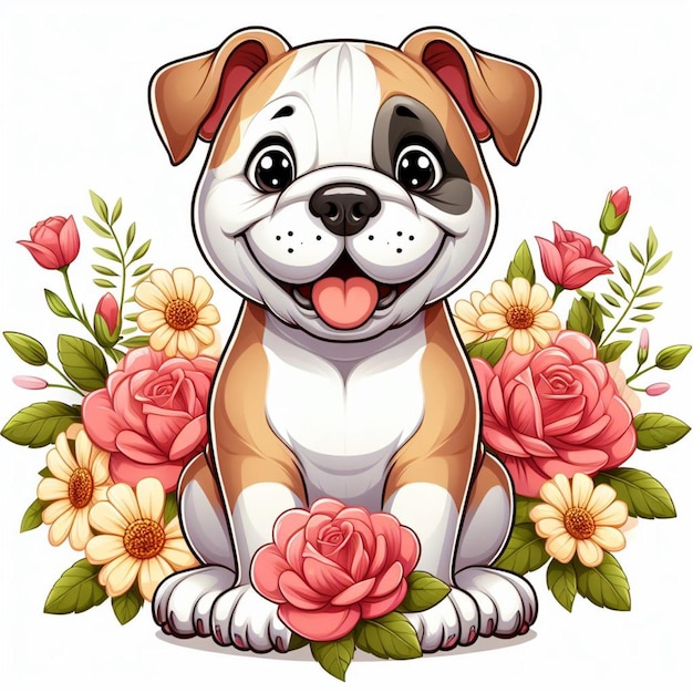 Милая американская бульдог-собака и цветы Векторная мультфильмная иллюстрация