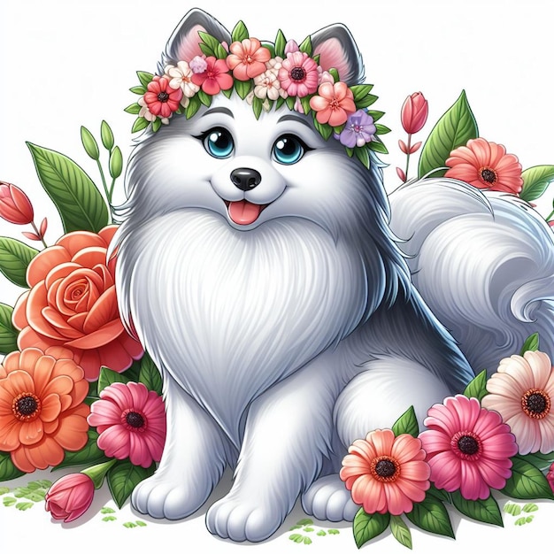 Cute american eskimo dog cartoon vector style white background