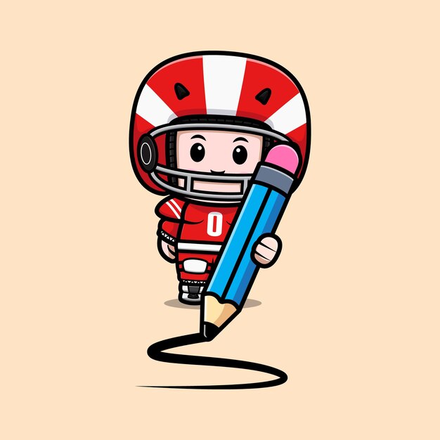 Simpatico giocatore di football americano che tiene in mano una grande illustrazione della mascotte della matita