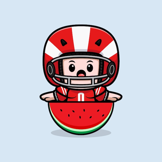 Vector cute american football player holding watermelon mascot illustration