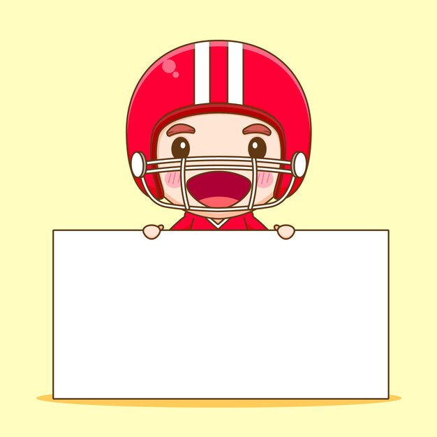 Cute american football player with empty board chibi cartoon character illustration