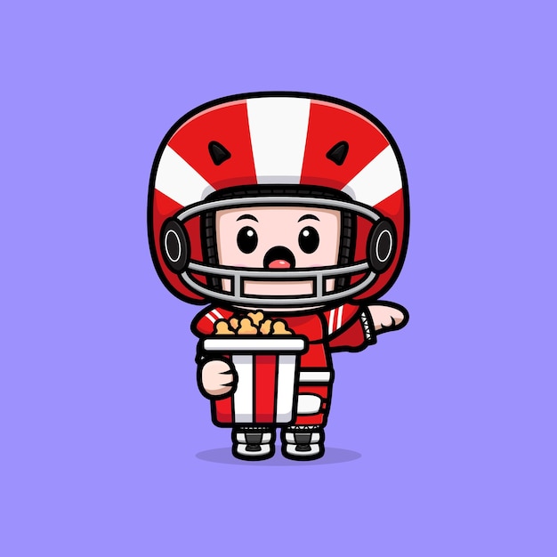 Simpatico giocatore di football americano con l'illustrazione della mascotte del popcorn