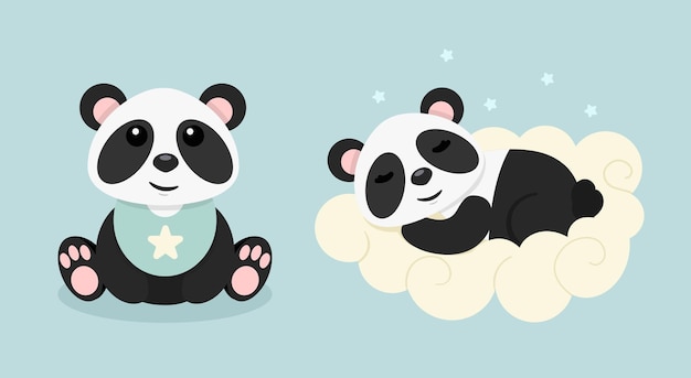 Вектор Милая панда сидит на полу, а другая панда спит на облаке