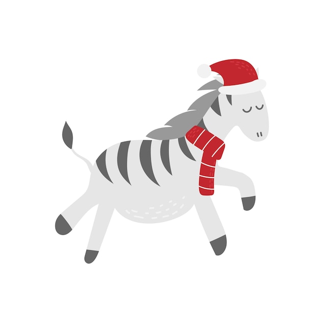 Милая и забавная лошадь-зебра в шляпе санты на рождество