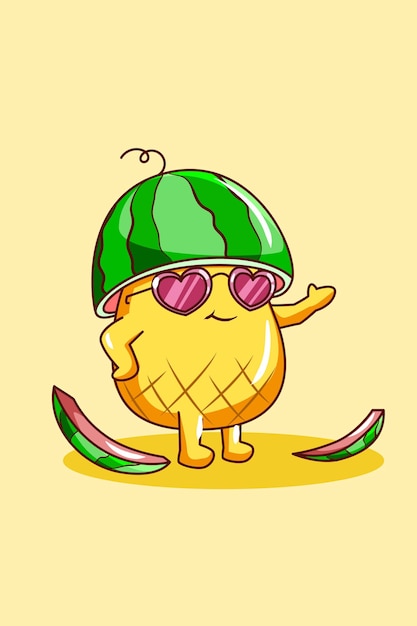여름 만화 삽화에 수박을 넣은 귀엽고 행복한 파인애플