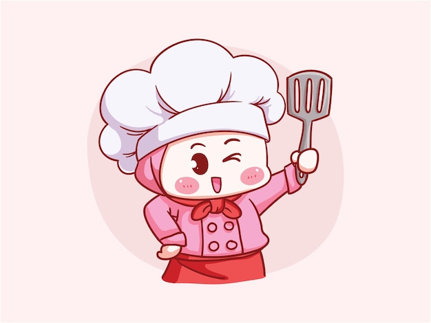 Hijab Holding Spatula Manga Chibi를 입고 귀엽고 귀여운 이슬람 여성 요리사