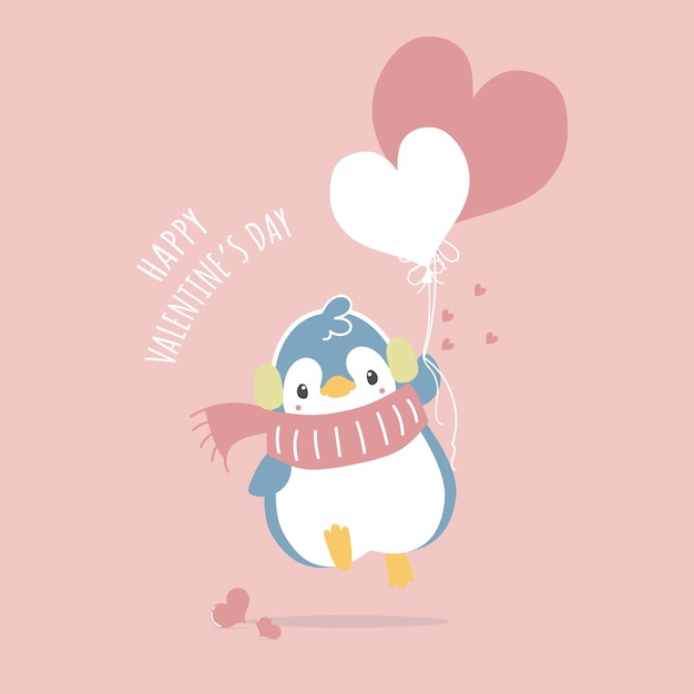 하트 풍선 해피 발렌타인 데이 러브 컨셉을 들고 있는 귀엽고 사랑스러운 손으로 그린 펭귄