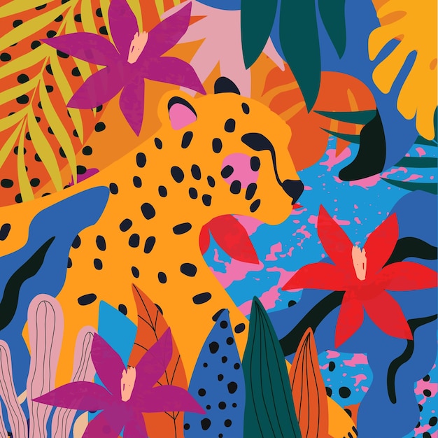Милый и игривый современный плакат дикой природы с головой леопарда в векторе листьев и цветов